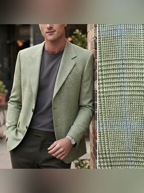 Bespoke Custom Men's 42L Mint Green Blue Windowpane Glen Plaid Blazer Jacket